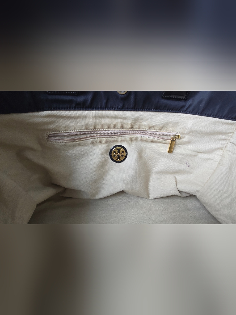 Black Tory Burch Large Ella Nylon Tote with Patent Logo, Handles & Corners - Picture 14 of 16